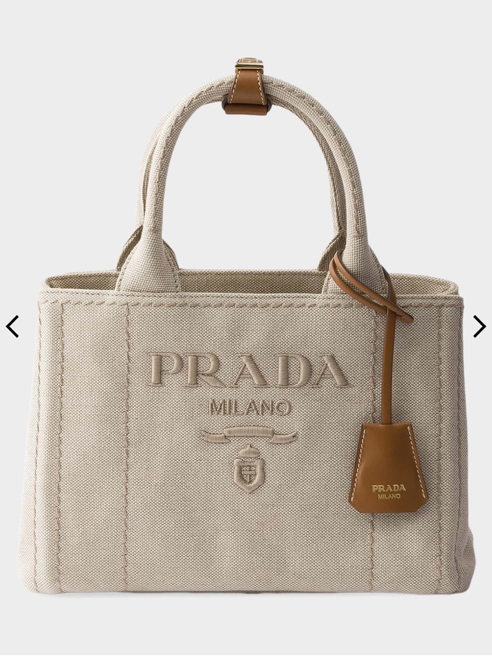 Prada Jardiniere Medium Beige Canvas Tote & Tan Leather Trim & 2 Dust bags in bo